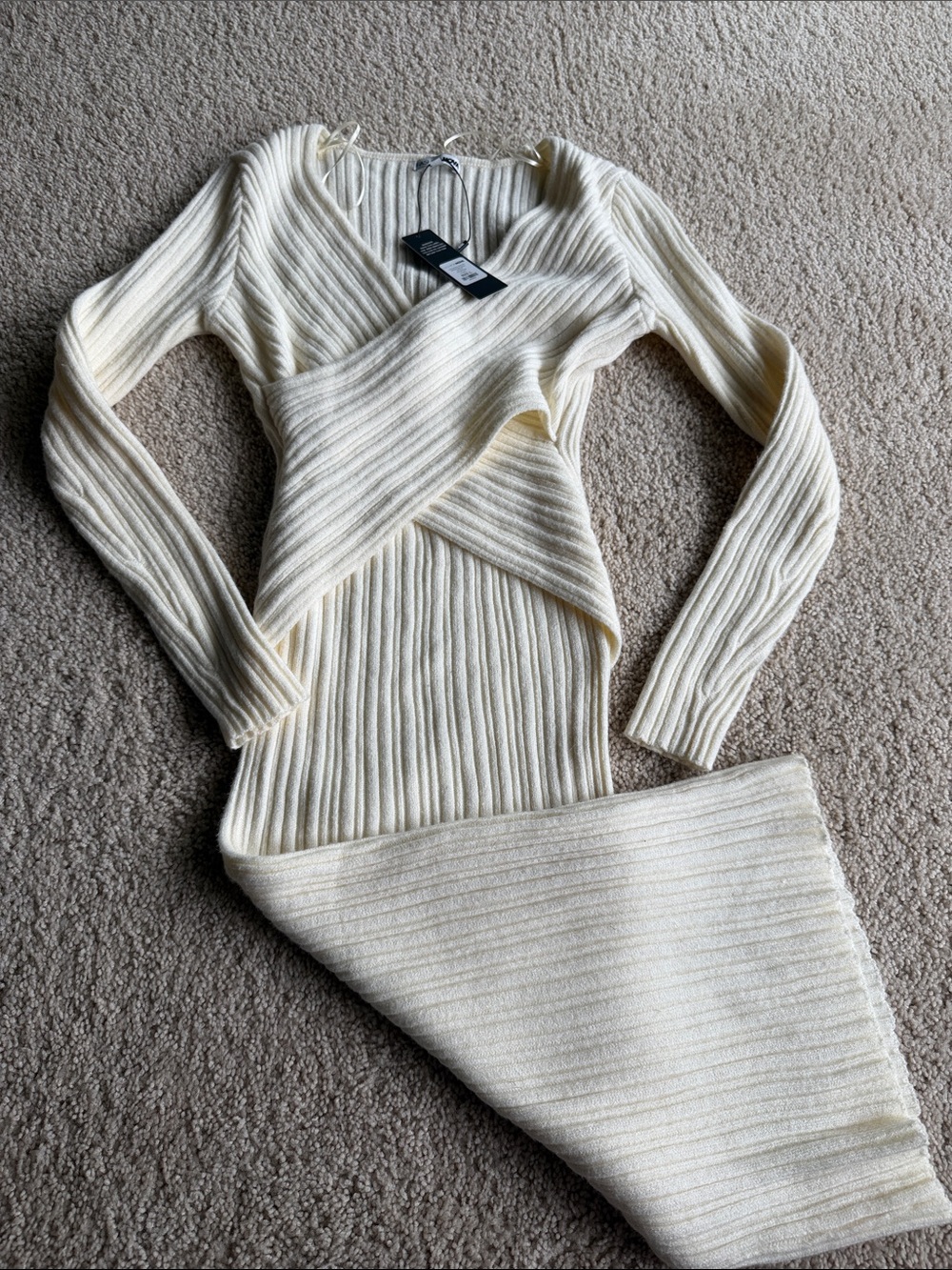 Fashion Nova Cream Ribbed Wrap V-Neck Sweater Dress - LOTS OF STRETCH